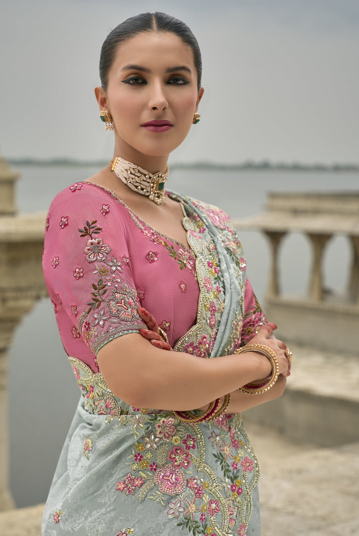 marriage ceremony blue sari with pink choli