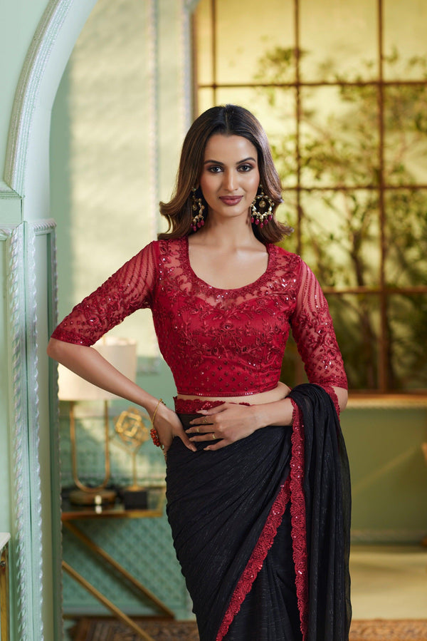 Evening Partywear Black Chiffon Designer Saree With Pink Sequins Blouse - Fashion Nation