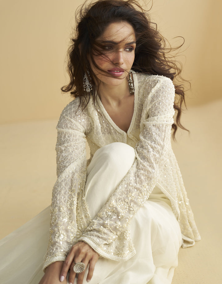 classic outfit in white for engagement parties