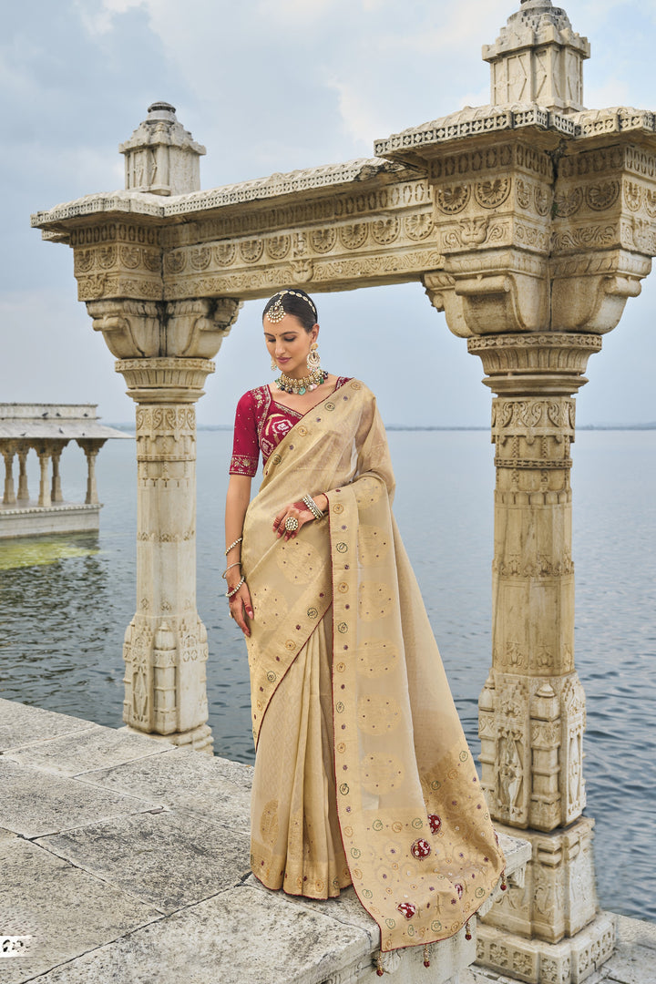 traditional south silk beige saree with rajasthani red blouse