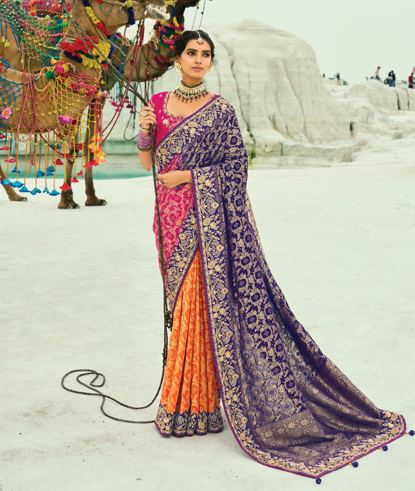 all occasions wear traditional jaipuri shaded saree with pink blouse