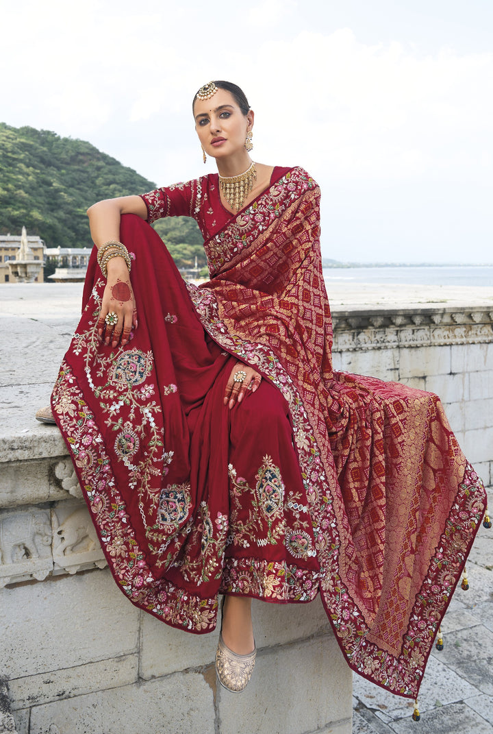 festive sangeet wear sari in maroon