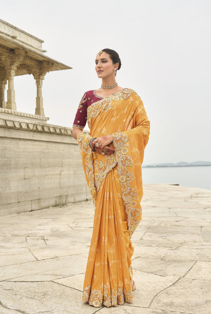 roka partywear silk saree in yellow