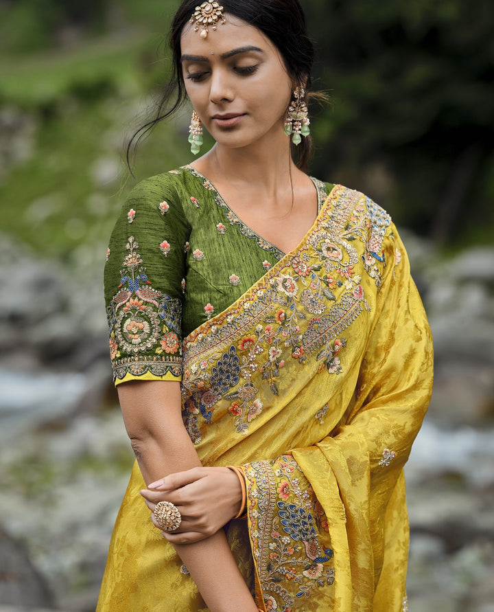 engagement wear yellow silk traditional sari