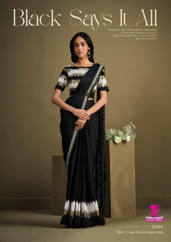 Partywear Black Crepe Silk Fusion Saree with Belt - Fashion Nation