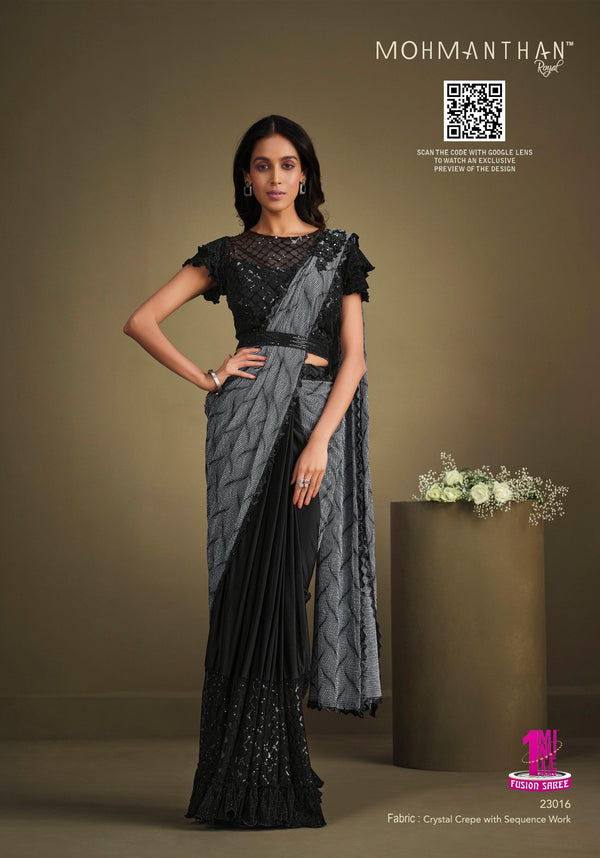 Reception Party Black Sequined Saree with Belt - Fashion Nation