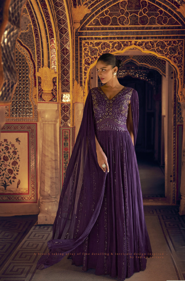 celeb style indo western gown in purple