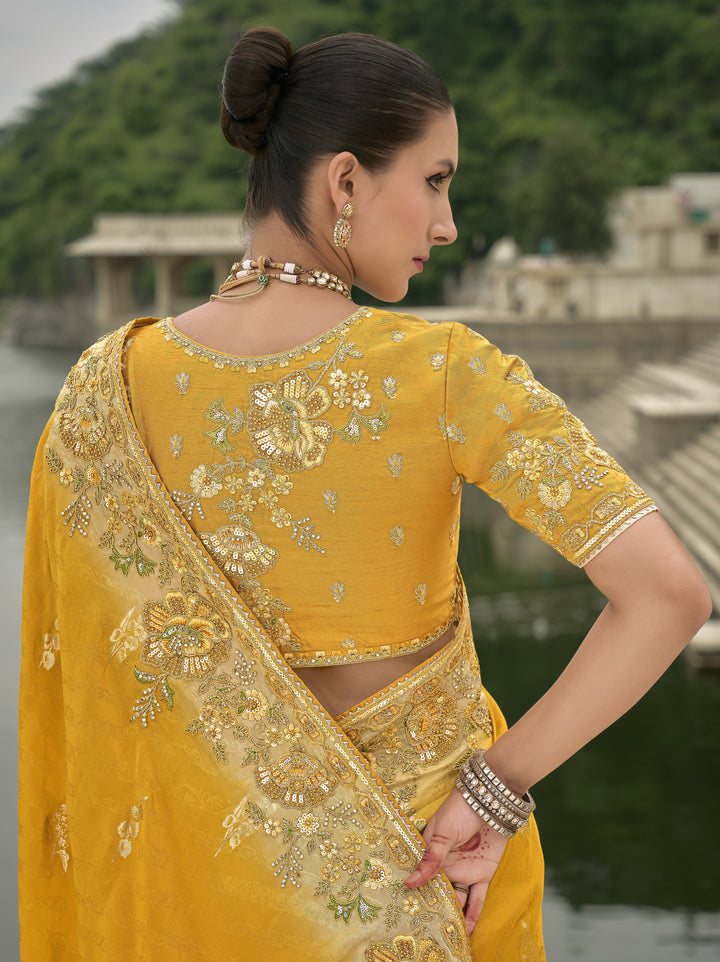 haldi party silk sari in yellow