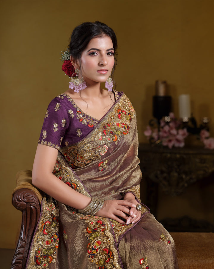 celebrity traditional silk saree with contrast blouse