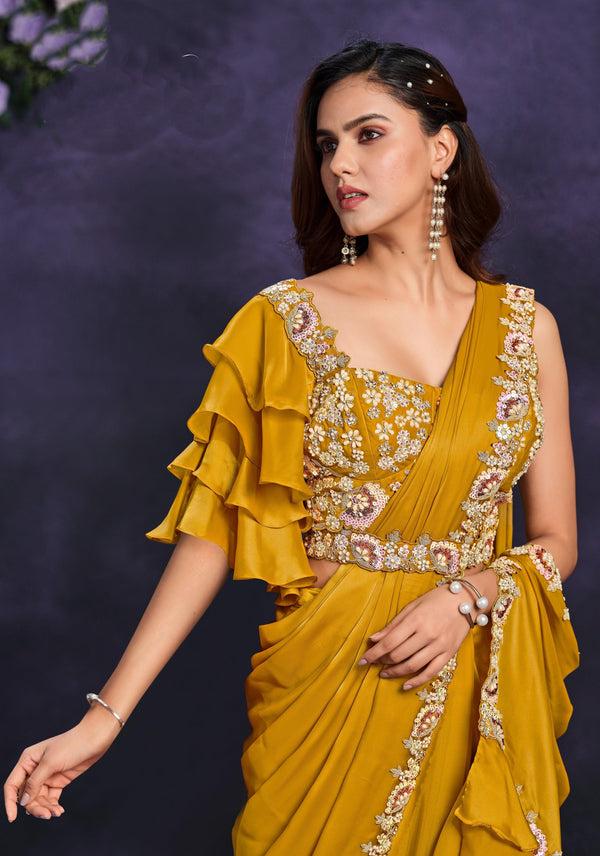 Haldi Party Yellow Crepe Ready To Wear Sari | Cutwork Belt And Corset - Fashion Nation