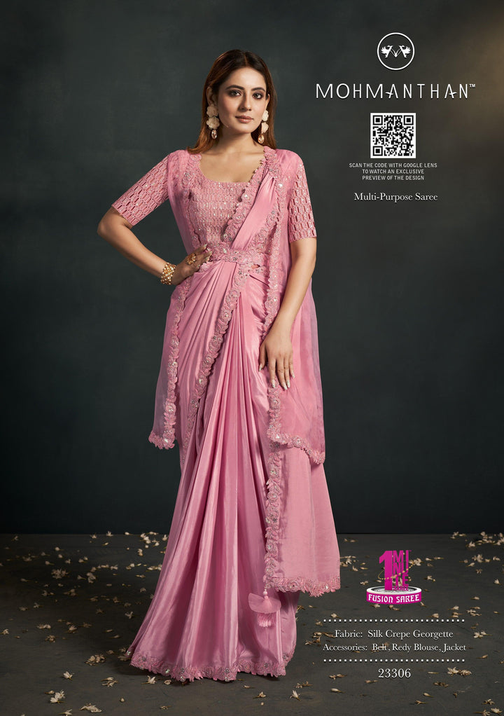 Designer Crepe Pink Saree with Jacket - Fashion Nation