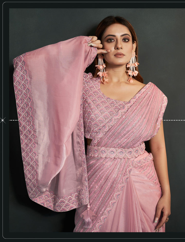 Marriage Wear Peach Crepe Fusion Saree with Belt - Fashion Nation