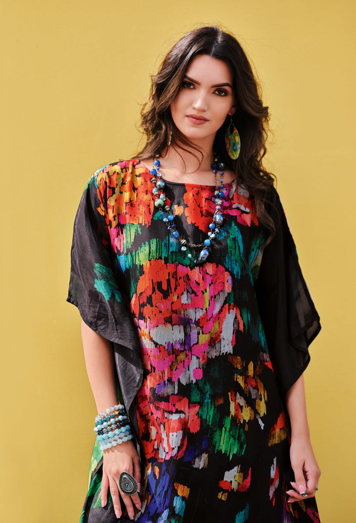 Evening Partywear Black Muslin Digital Print Readymade Kaftan Kurta Set - Fashion Nation