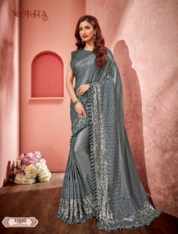 Glamorous MAH10802 Cocktail Wear Grey Weaving Silk Lycra Net Frilled Saree - Fashion Nation