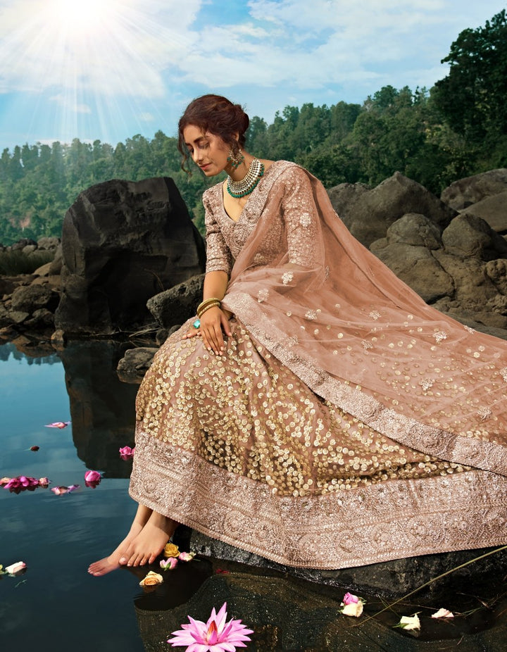 Handcrafted AD3605 Designer Brown Net Silk Lehenga Choli - Fashion Nation