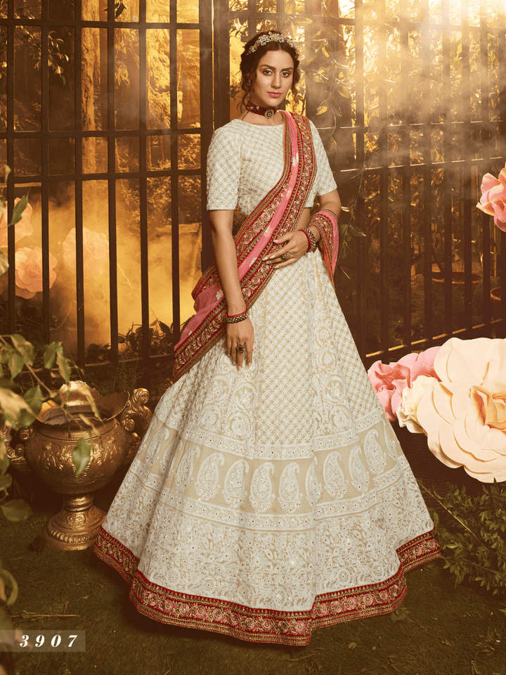 Royal White Georgette Lucknowi Lehenga Choli - Fashion Nation