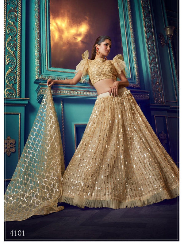 Reception Wear Beige Net Evening Party Special Lehenga - Fashion Nation