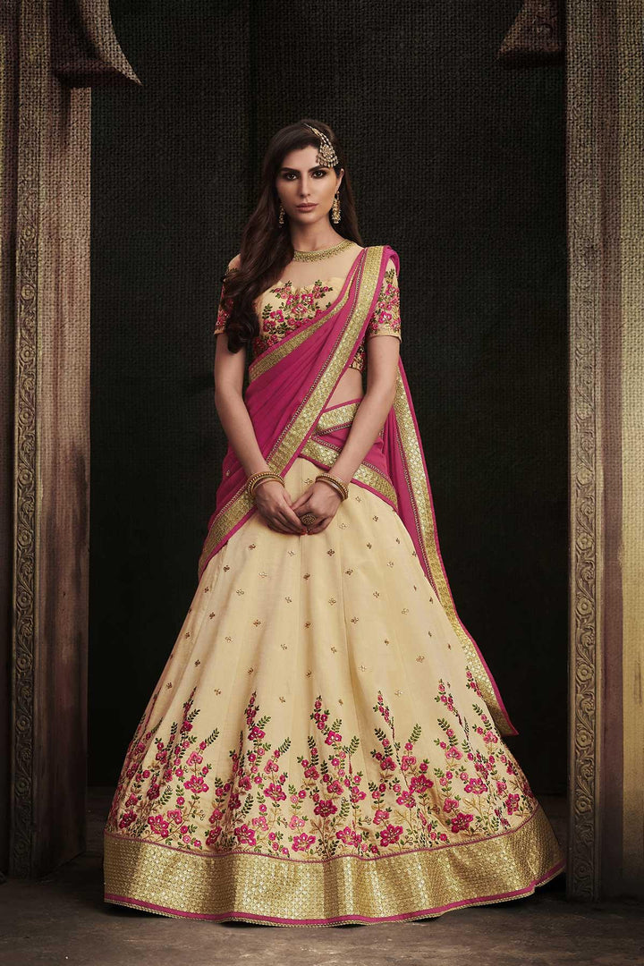 Festive NAK4108 Bridal Pink Beige Handloom Silk Chiffon Lehenga Choli - Fashion Nation