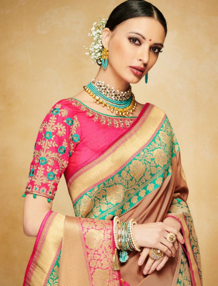 Fantastic Nakkashi NAK4139 Designer Brown Rama Green Silk Jacquard Saree - Fashion Nation