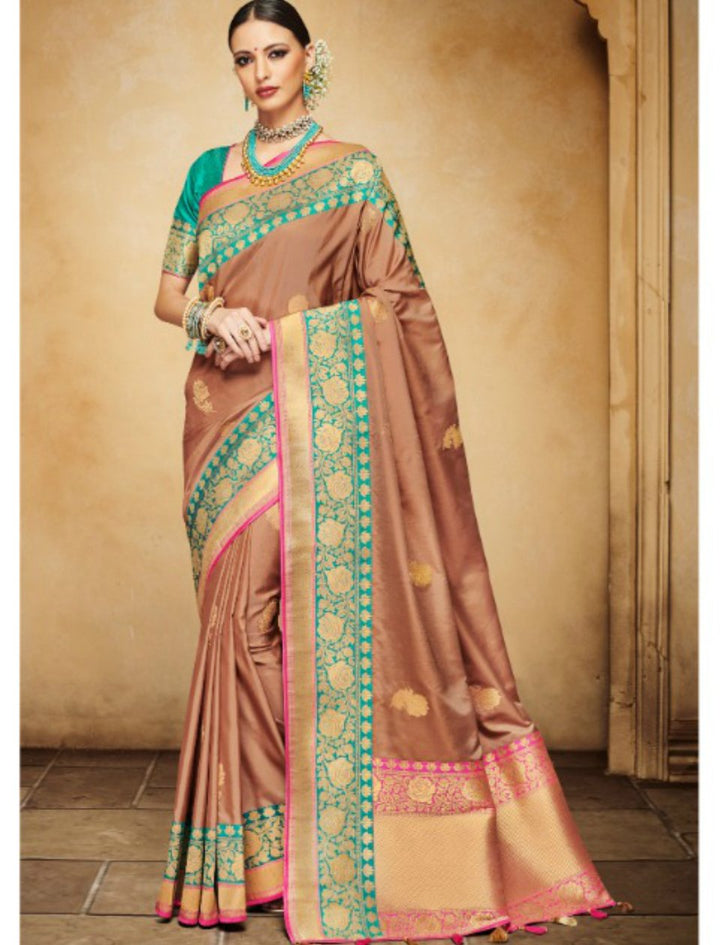 Fantastic Nakkashi NAK4139 Designer Brown Rama Green Silk Jacquard Saree - Fashion Nation