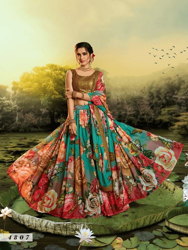 Cocktail Party Wear Multicoloured Organza Digital Print Pretty Lehenga - Fashion Nation