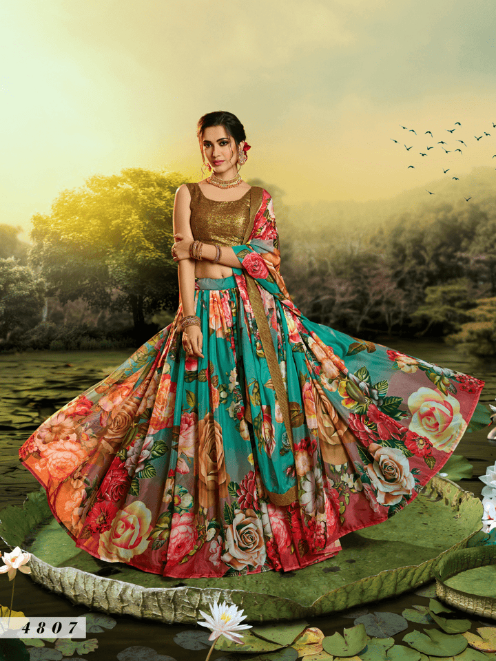 Cocktail Party Wear Multicoloured Organza Digital Print Pretty Lehenga - Fashion Nation