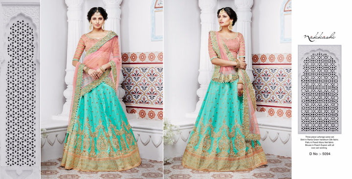 Exclusive NAK5094 Bridal Peach Rama Green Handloom Silk Net Lehenga Choli - Fashion Nation