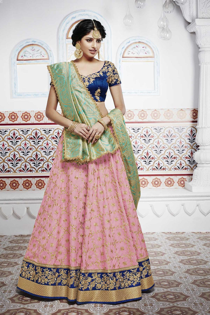 Handpicked NAK5096 Bridal Pink Tussar Silk Blue Benarasi Silk Jacquard Lehenga Choli - Fashion Nation