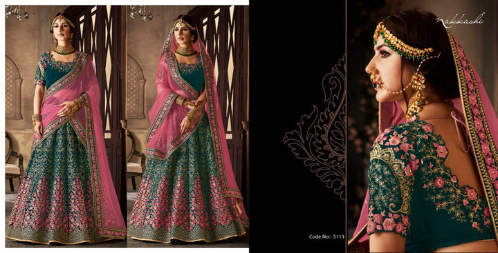 Bridal Dark Rama Green Pink Net Velvet Lehenga Choli - Fashion Nation
