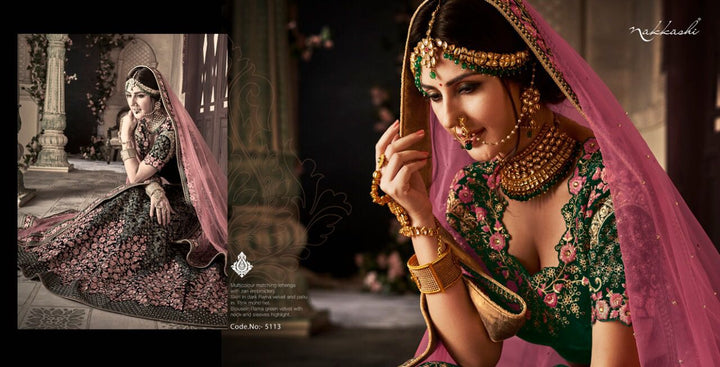 Bridal Dark Rama Green Pink Net Velvet Lehenga Choli - Fashion Nation