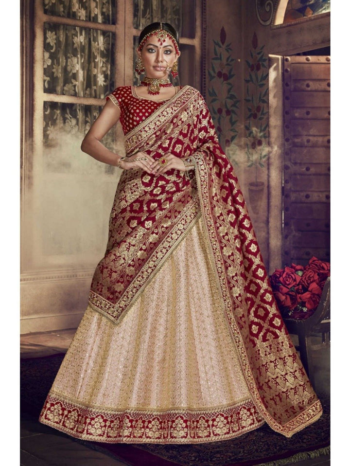 Marriage Special Nakkashi NAK5140 Bridal Maroon Jacquard Velvet Peach Silk Lehenga Choli - Fashion Nation