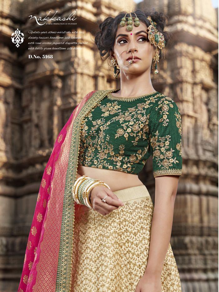 Indian Wear Nakkashi NAK5168 Bridal Beige Multicoloured Handloom Silk Lehenga Choli - Fashion Nation