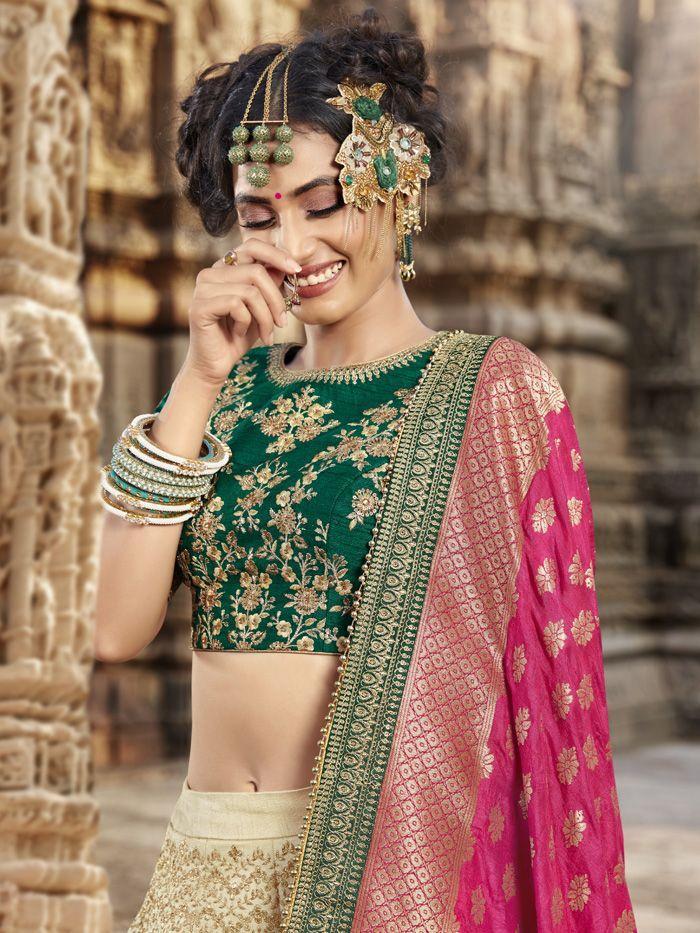 Indian Wear Nakkashi NAK5168 Bridal Beige Multicoloured Handloom Silk Lehenga Choli - Fashion Nation