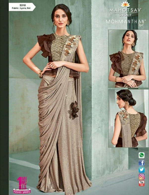 Gorgeous MOH5310 Cocktail Wear Beige Brown Lycra Net Silk Indo Western Saree - Fashion Nation