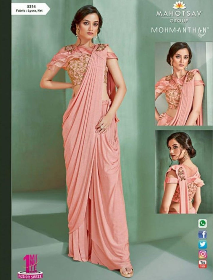 Beautiful MOH5314 Cocktail Wear Pink Lycra Net Silk Indo Western Saree - Fashion Nation
