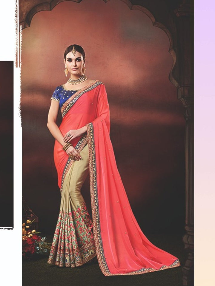 Embroidered Nakkashi NAK4179 Designer Beige Handloom Silk Pink Georgette Saree - Fashion Nation