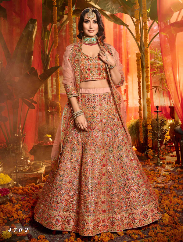 Ceremonial Wear Peach Organza Silk Traditional Lehenga Choli - Fashion Nation