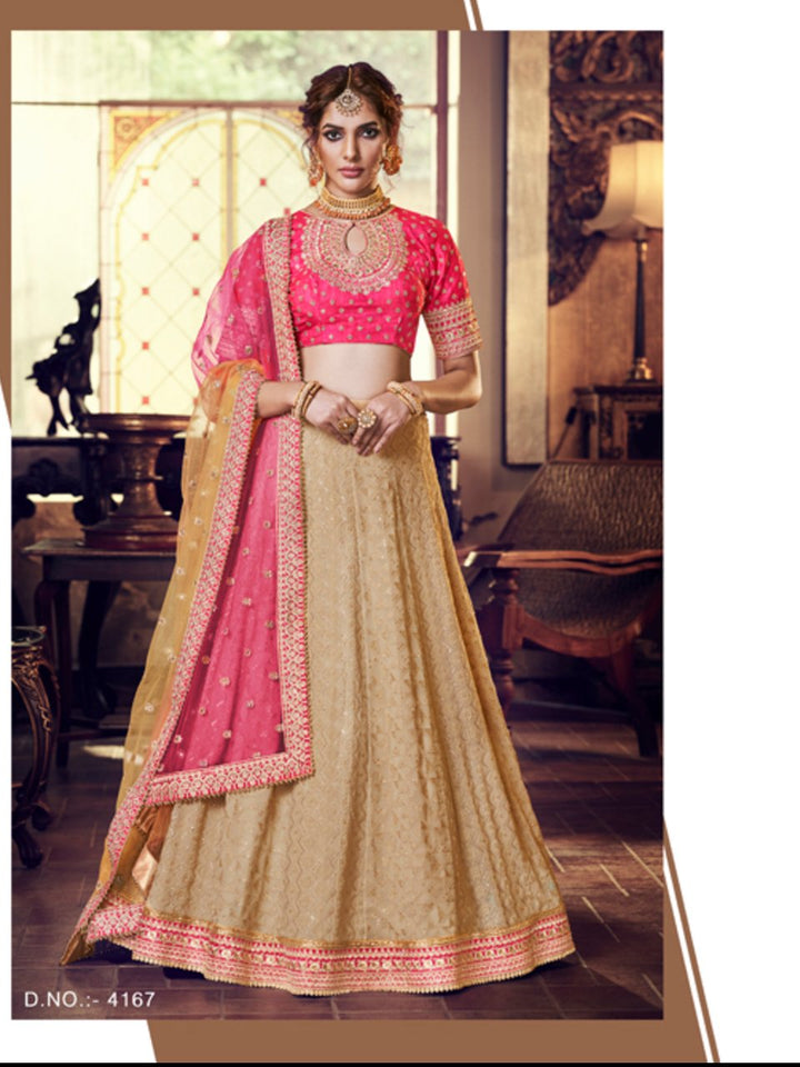 Lovely Nakkashi NAK4167 Bridal Beige Georgette Pink Silk Lehenga Choli - Fashion Nation