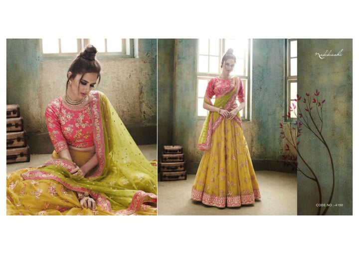 Designer Nakkashi NAK4150 Bridal Yellow Liril Green Net Lehenga Choli - Fashion Nation