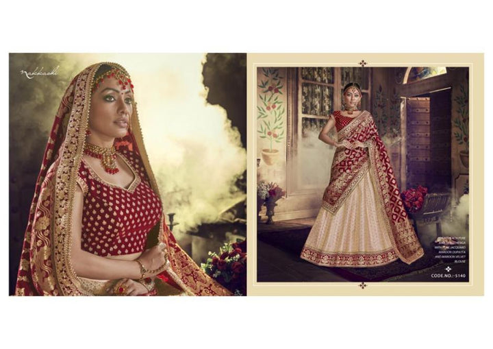 Marriage Special Nakkashi NAK5140 Bridal Maroon Jacquard Velvet Peach Silk Lehenga Choli - Fashion Nation